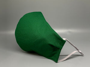 Vibrant solid green cotton. Gray filter pocket. Fabric enclosed nose wire. Comfy adjustable gray elastic earloops. 