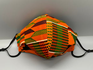 Handmade triple layer cotton facemask. Kente Inspired cotton. Vibrant patterns on orange background. Fabric enclosed nose wire. Grey filter pocket. Comfy adjustable black elastic ear loops.  Edit alt text